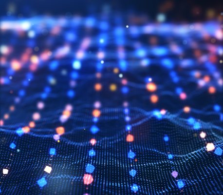 Vertical video, Glow red pink purple blue digital landscape with cube particle. Crypto currency, big data, block chain and digital technology concept. 3D Rendering.